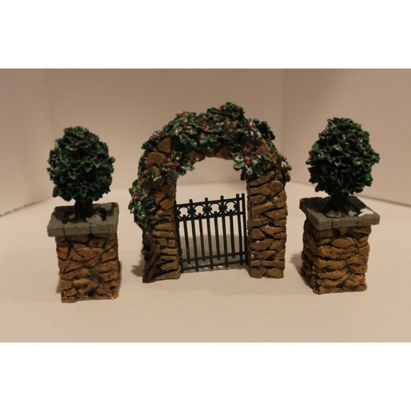 Dept 56 Village Accessories - Stone Corner Posts with Holly Tree and Stone Archw - Picture 1 of 4